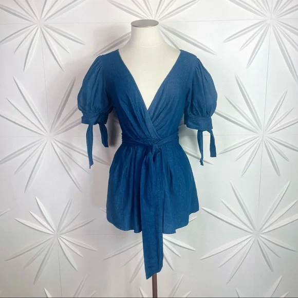 C/MEO Collective Kind to you Romper Puff Sleeve Cross Back Romper in Indigo - Picture 9 of 14